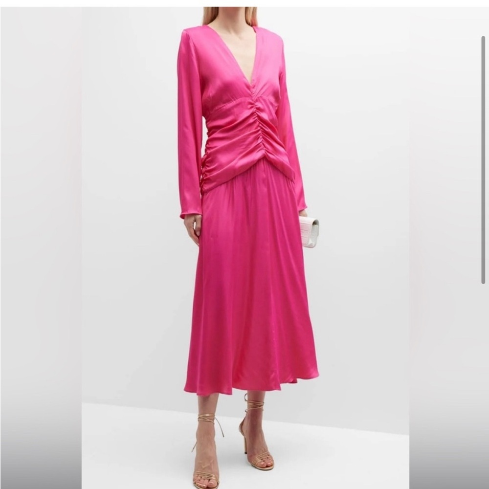 FARM Rio Ruched Waist Long Sleeve Midi Dress Pink sz Small
